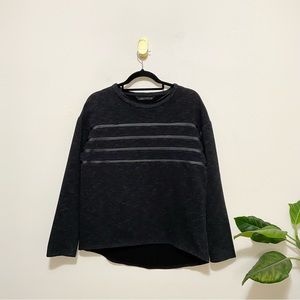 Zara Marled Gray Faux Leather Striped Crewneck Long Sleeve Sweatshirt